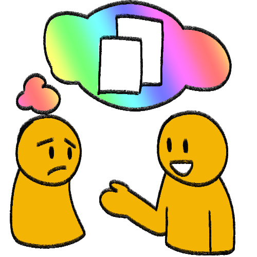 Two yellow people face each other. The one on the right is similing and holding out a hand, while the one on the left looks upset. They have a rainbow thought bubble above them with the copy symbol in it